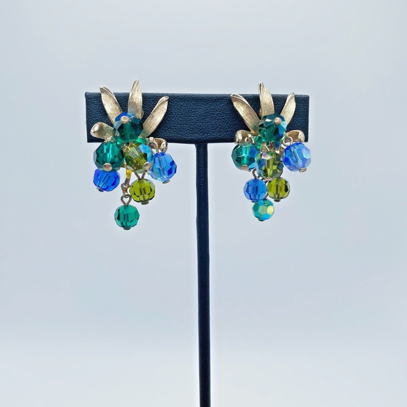 VTG Blue Green Grape Cluster Necklace Earring Set AB Glass Fruit Articulated MCM - Picture 6 of 12